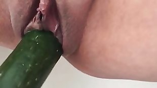 Wife's stingy snatch drizzling forward cucumber